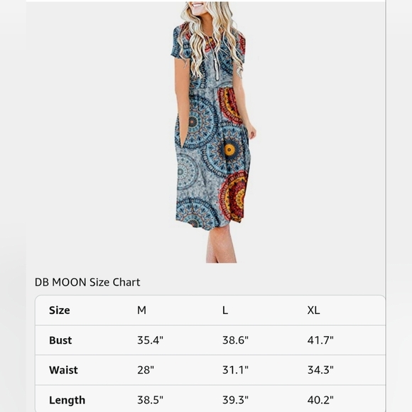 DB Moon Blue Multicolor Mandala Pattern Boho Short Sleeve Dress/Size L - Picture 11 of 11